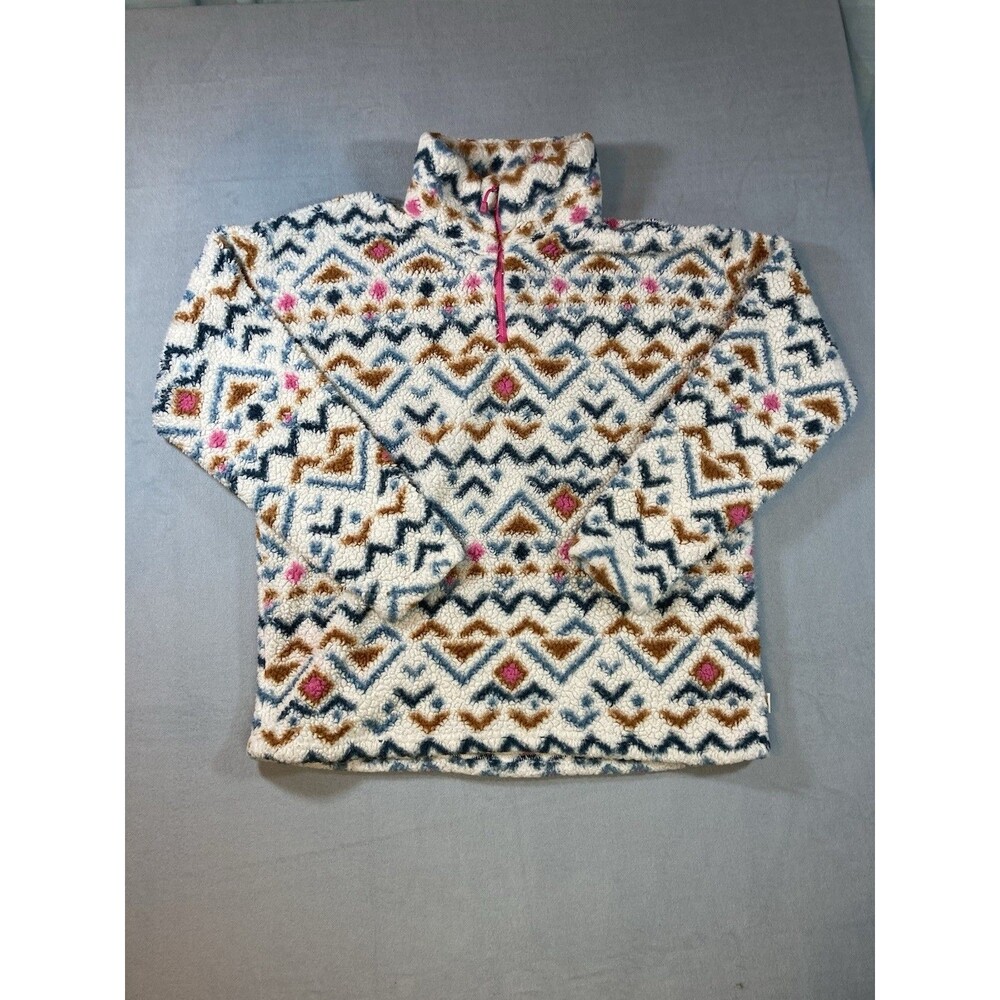 Eddie Bauer Sweater Womens Large White Aztec 1/4 Zip Plush Fleece Pullover